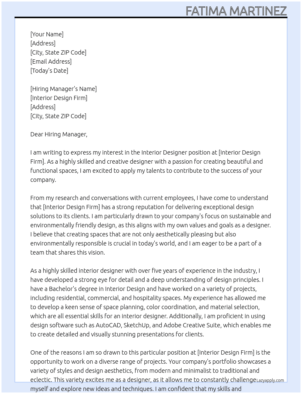 Interio Designer At Interior Design Firm Cover Letter