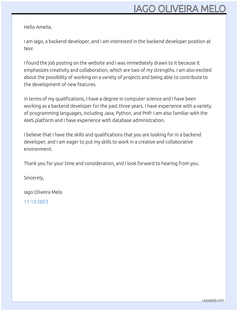 Backend Developer At Noir Cover Letter