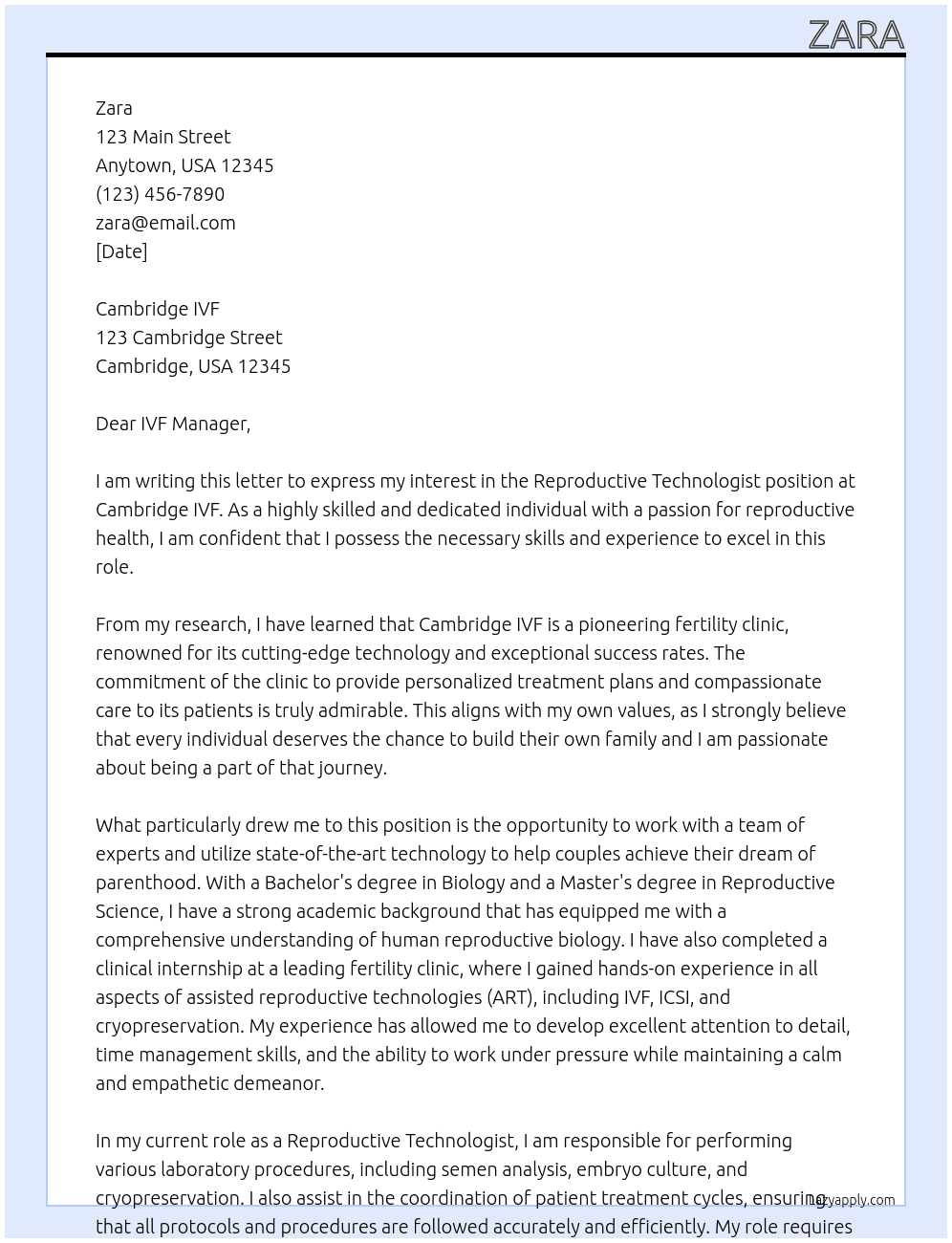 Reproductive Technologist At Cambridge IVF Cover Letter