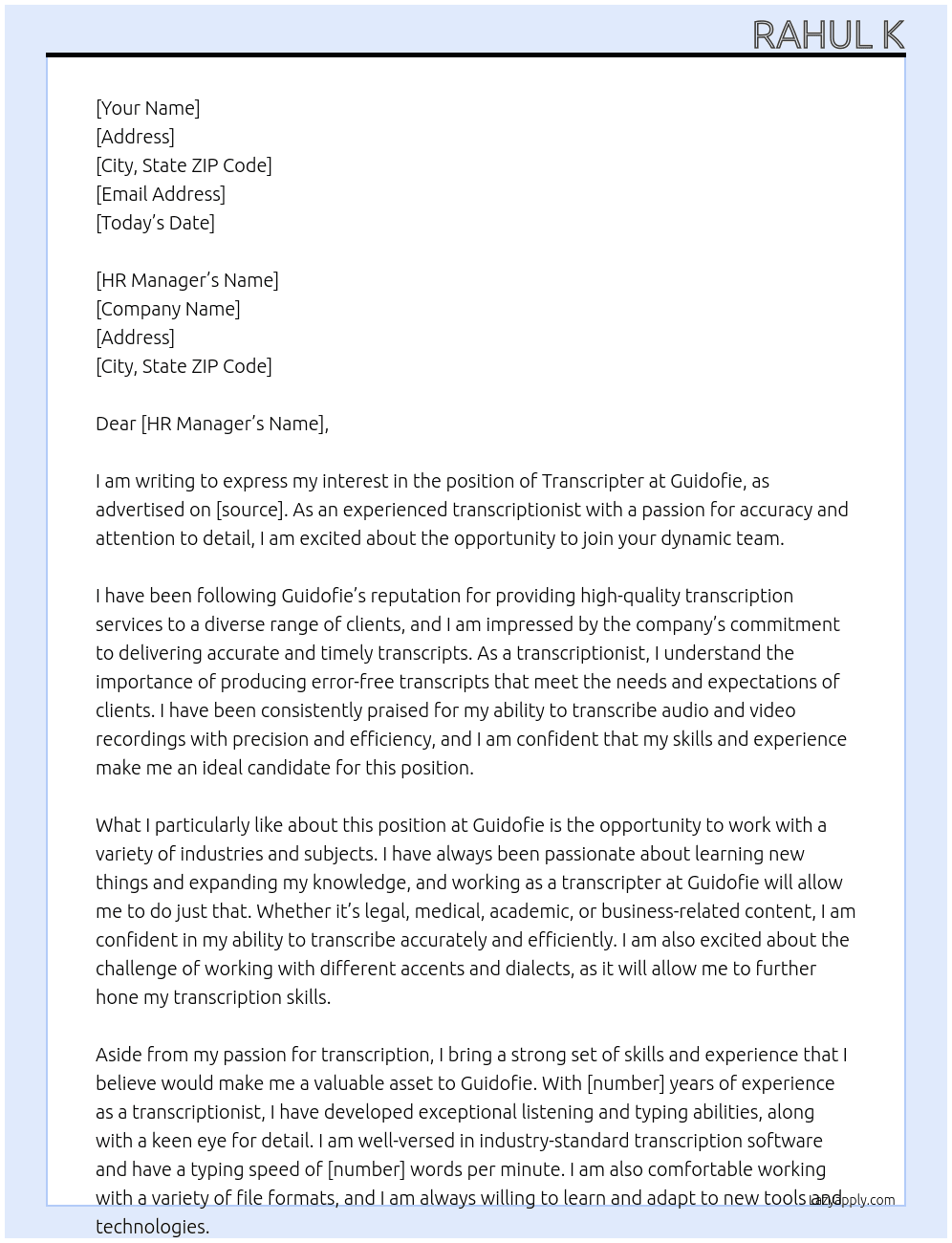 Transcripter At Guidofie Cover Letter