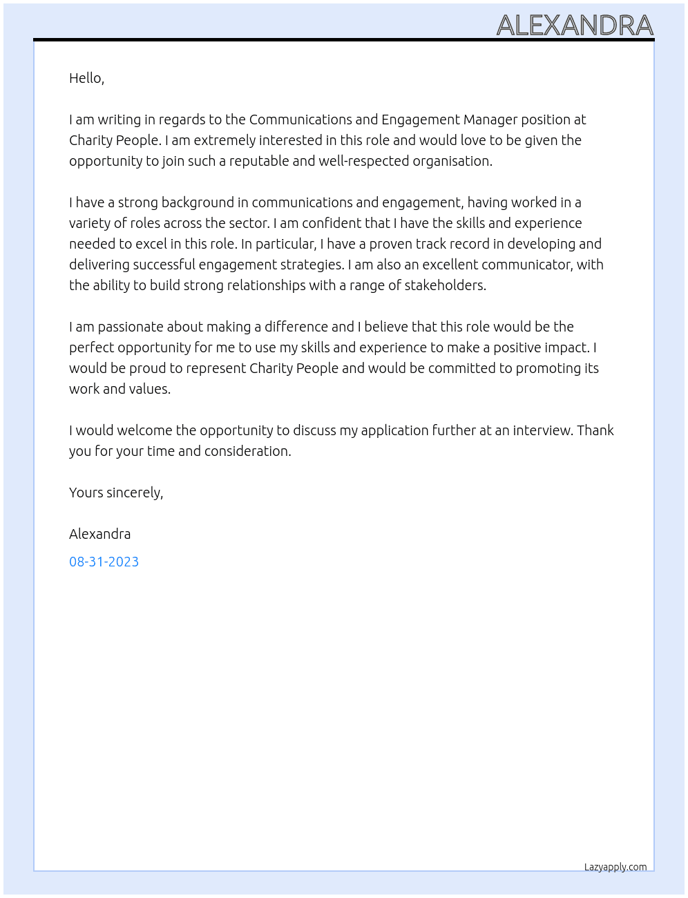 communications and engagem mamnager At charity people Cover Letter
