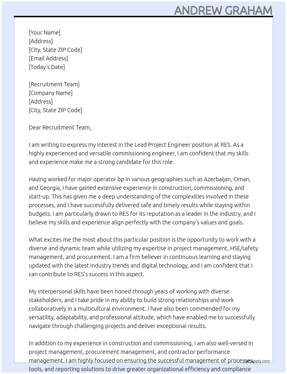 Lead Project Engineer At RES Cover Letter