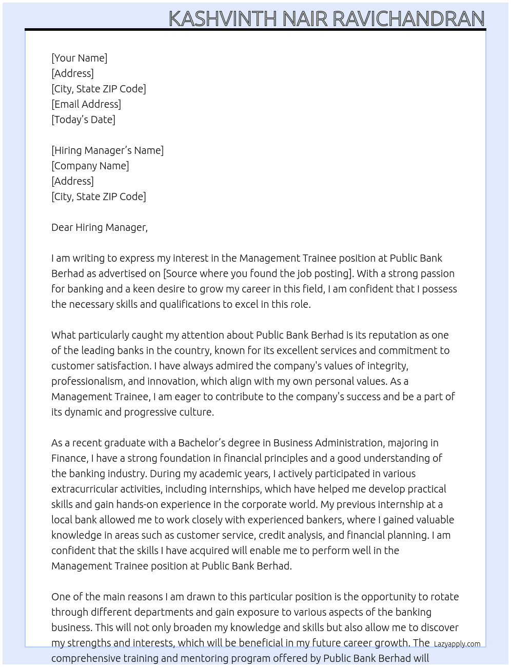 Management Trainee At Public Bank Berhad Cover Letter