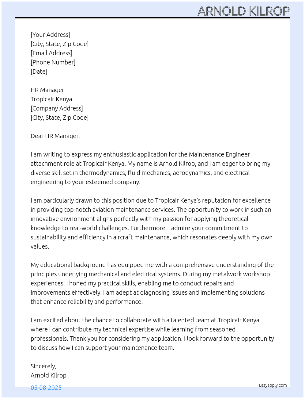 Maintanance engineer At Tropicair kenya  Cover Letter