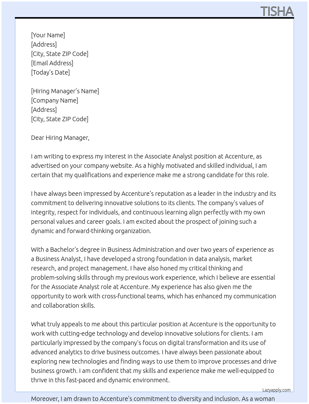 Associate Analyst  At Accenture Cover Letter