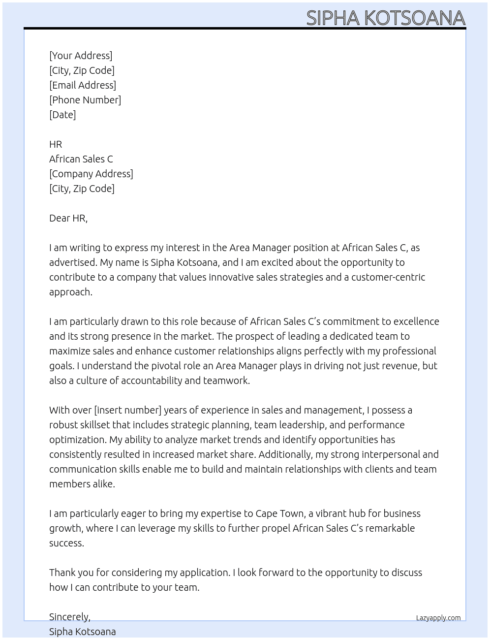 area manager At African Sales C Cover Letter