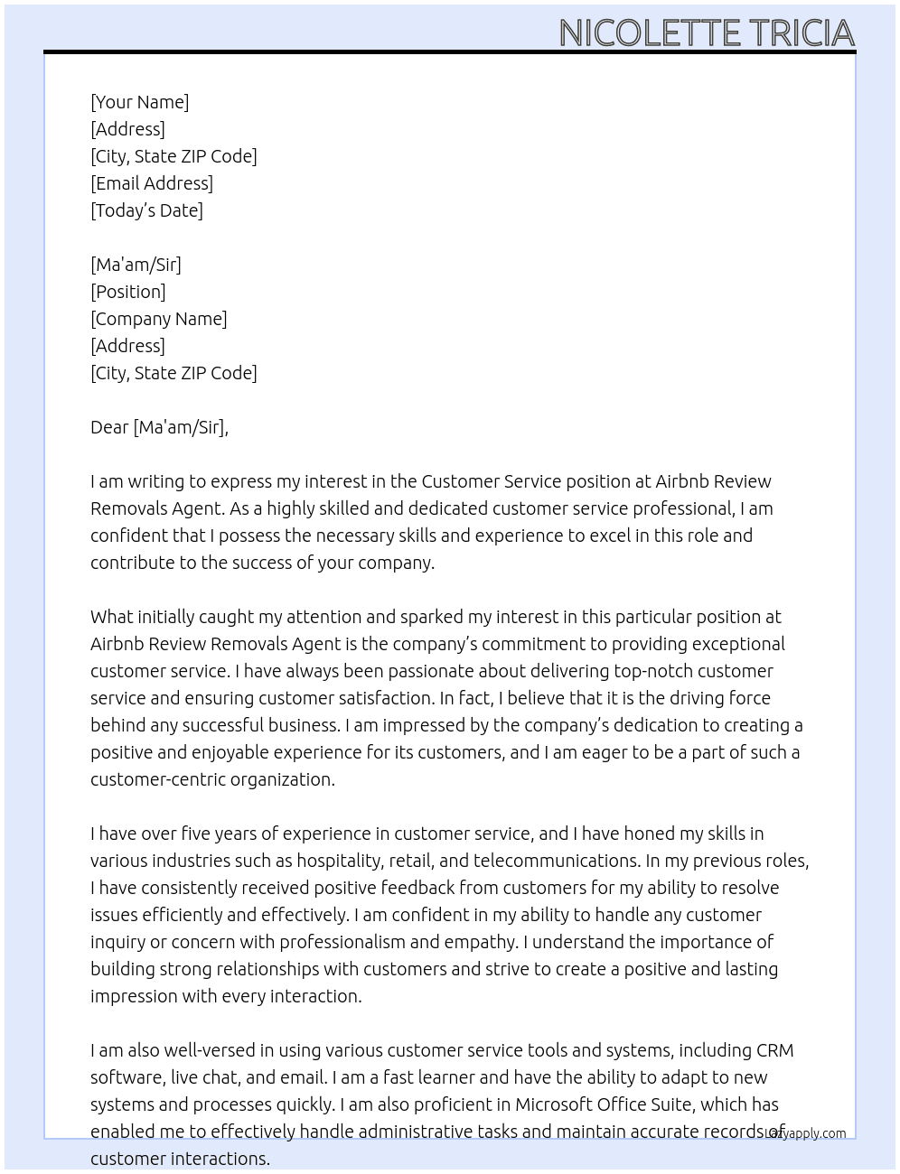 customer service At  Airbnb Review Removals Agent Cover Letter