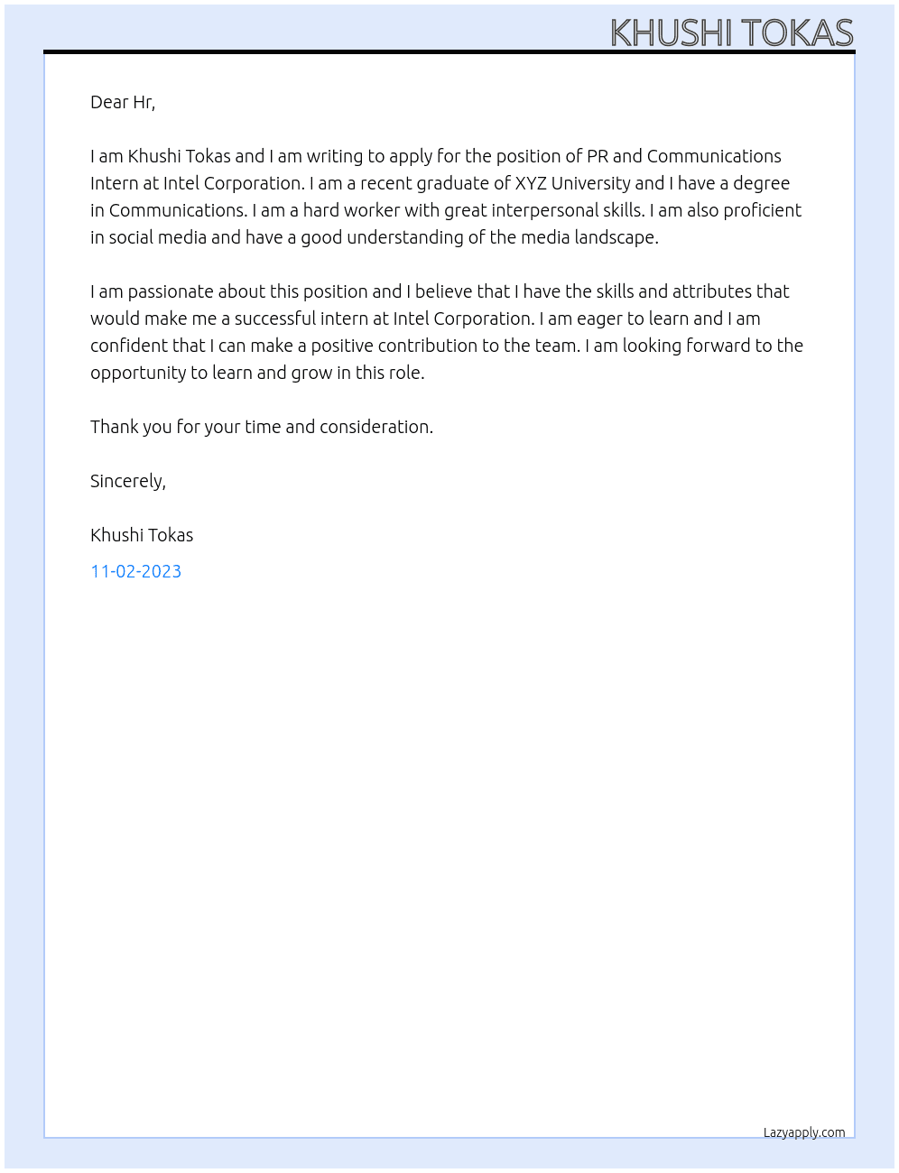 PR and Communications Intern At Intel Corporation  Cover Letter