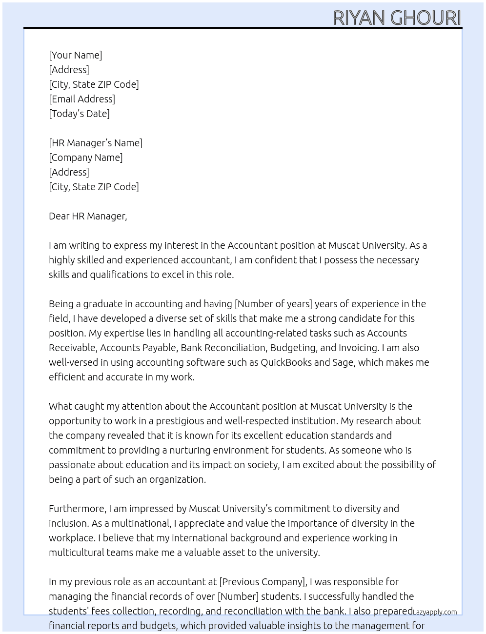 ACCOUNTANT At Muscat University Cover Letter