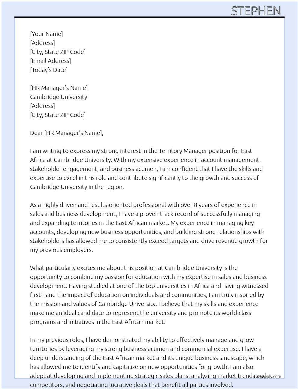 Cover letter for territory manager east africa - LazyApply