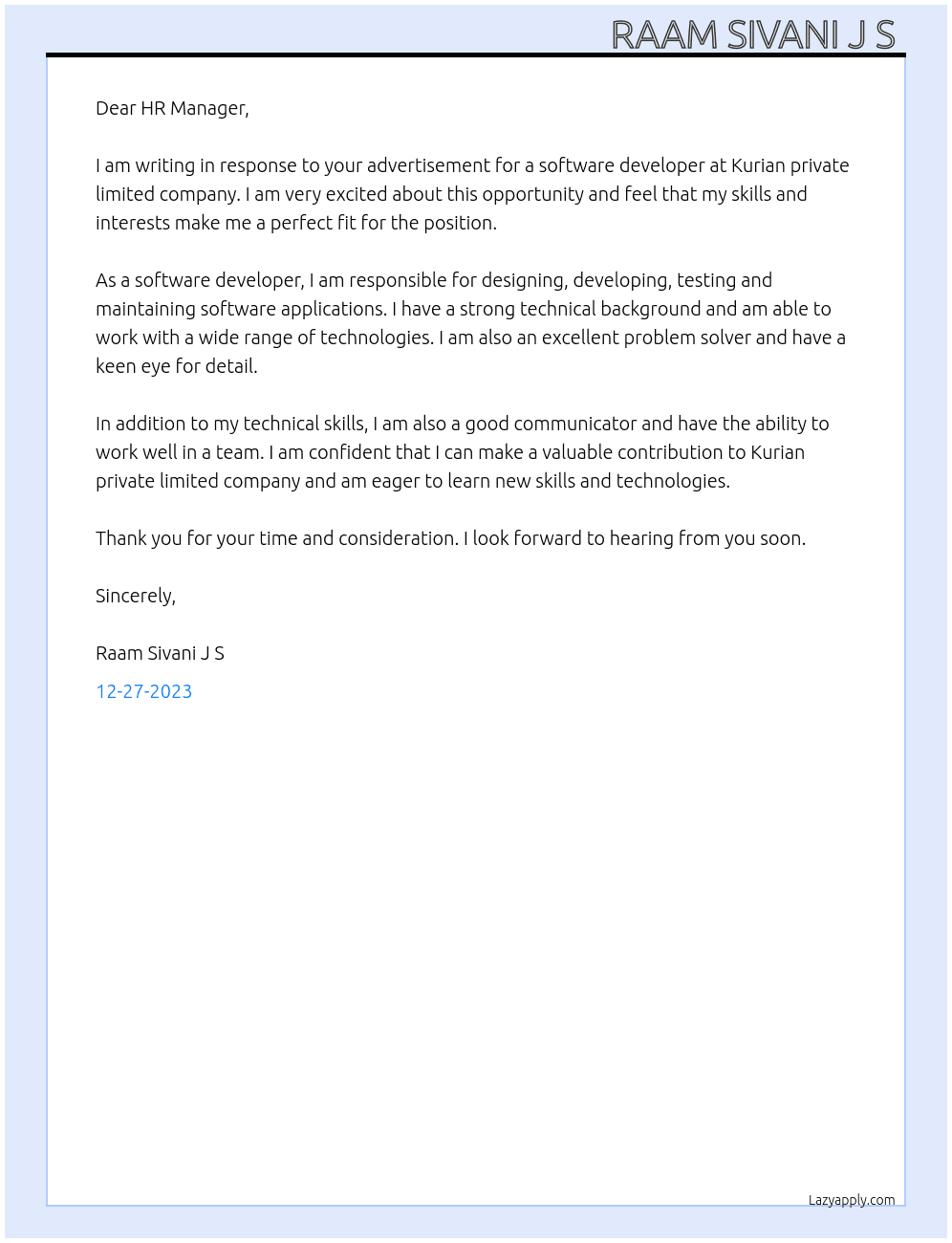 Software developer  At Kurian private limited company  Cover Letter