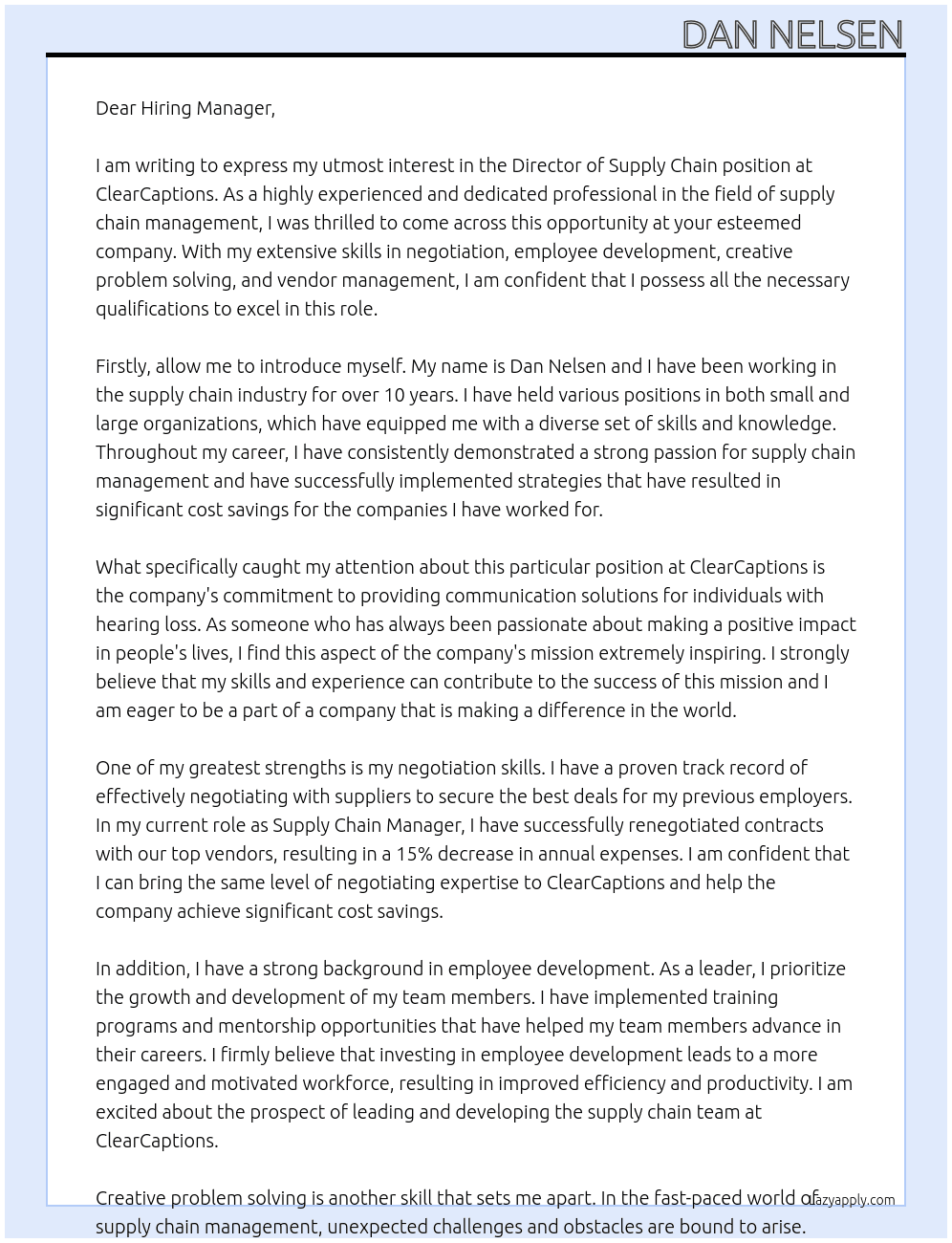 Director of Supply Chain At ClearCaptions Cover Letter