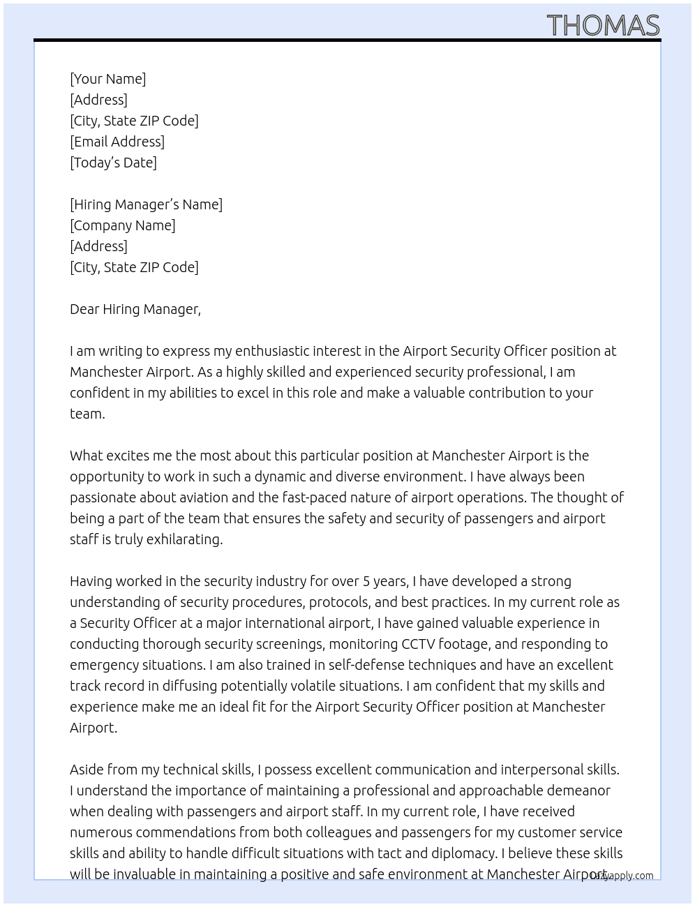 Airport Security Officer At Manchester Airport Cover Letter