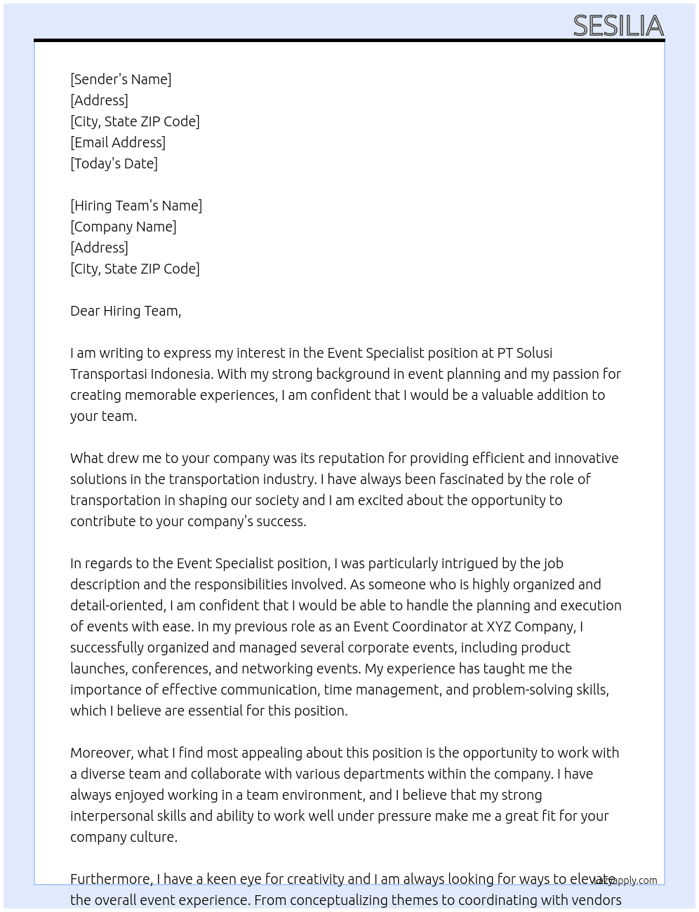 Event Specialist At PT Solusi Transportasi Indonesia Cover Letter