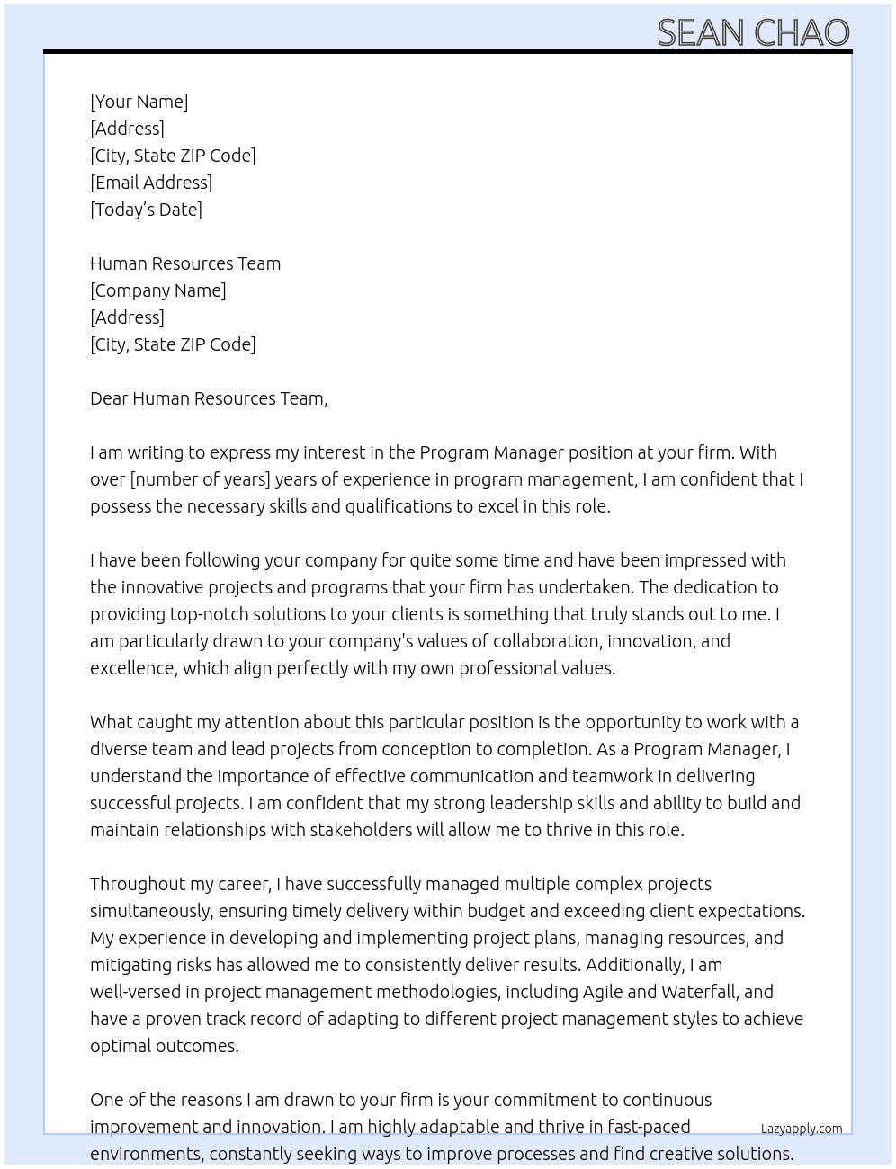 Program Manager At your firm Cover Letter