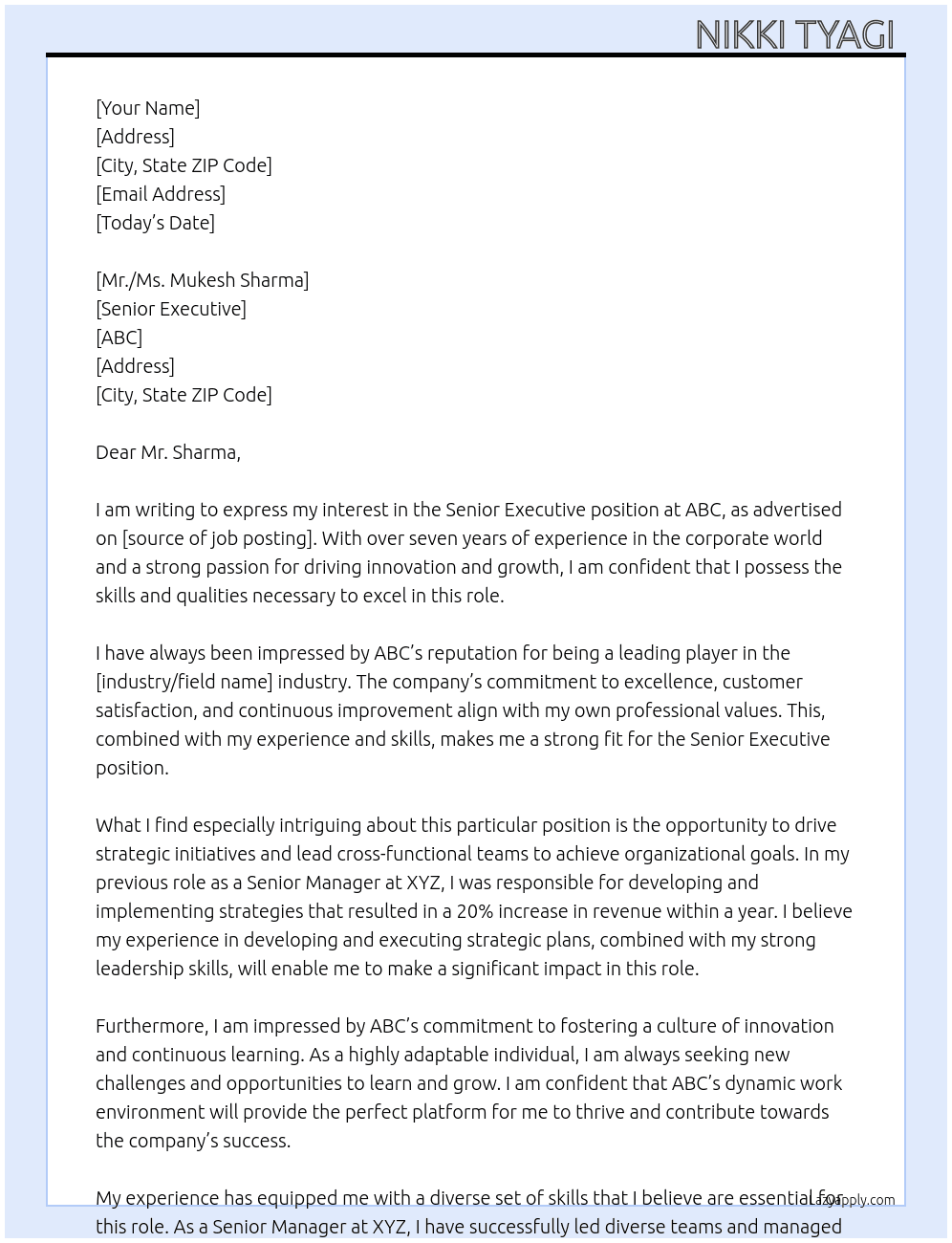 Senior executive  At ABC Cover Letter