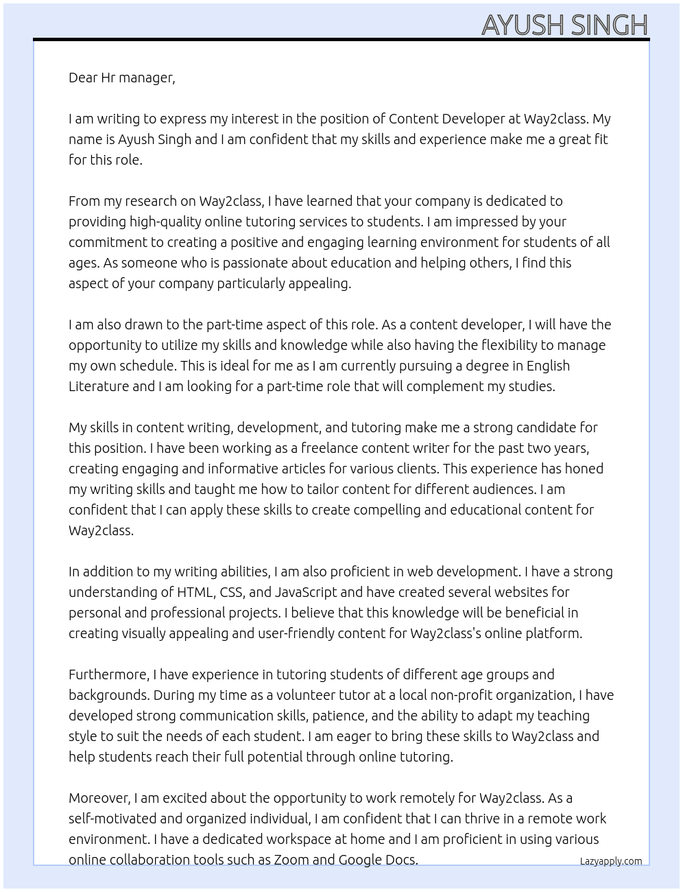 Content Developer At Way2class Cover Letter