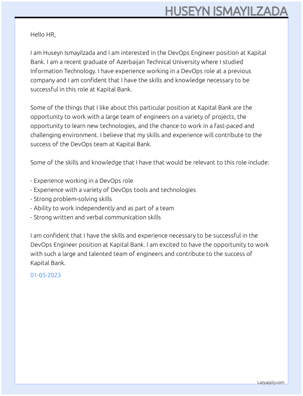 DevOps Engineer At Kapital Bank Cover Letter