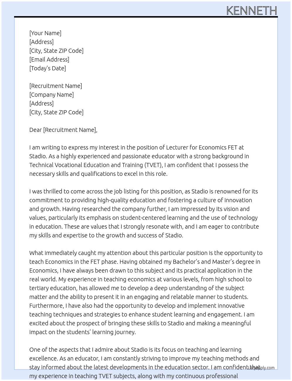 Lecturer: Economics FET At Stadio Cover Letter