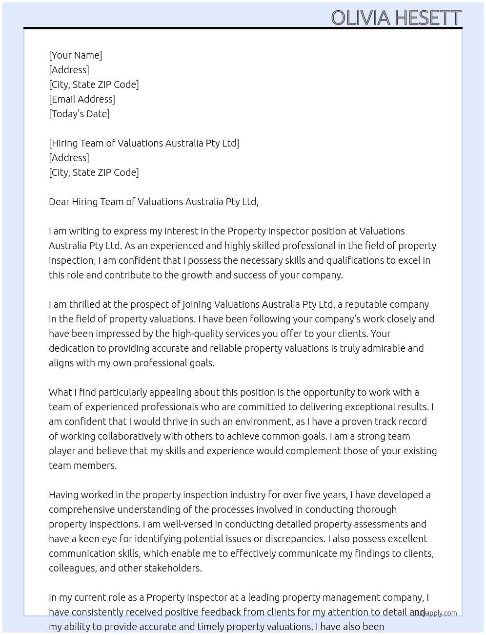 Property Inspector At Valuations Australia Pty Ltd Cover Letter