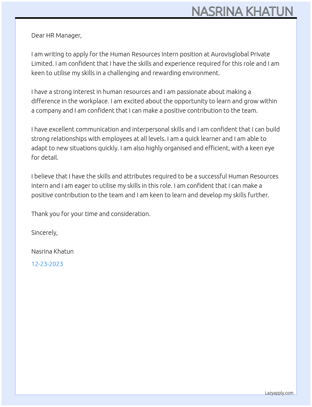 Human Resources Intern At Aurovisglobal Private Limited  Cover Letter