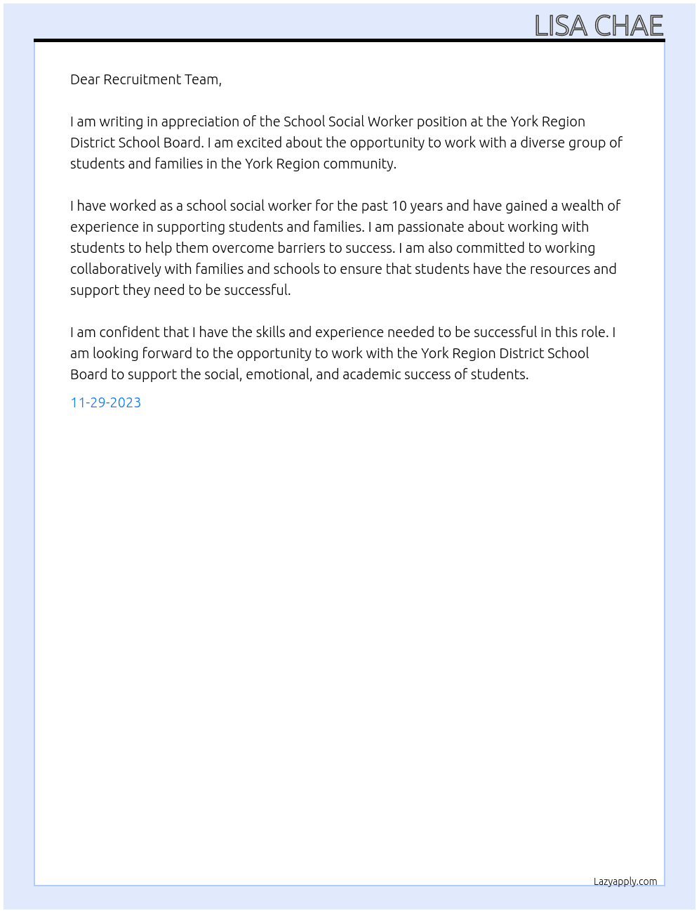 School Social Worker At York Region District School Board Cover Letter