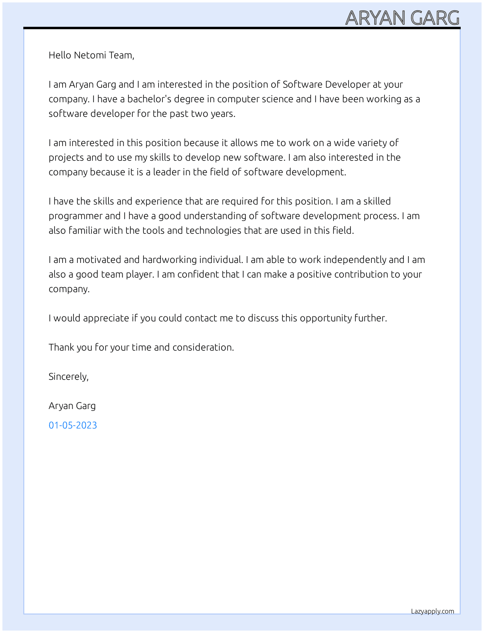 Software Developer At Netomi Cover Letter