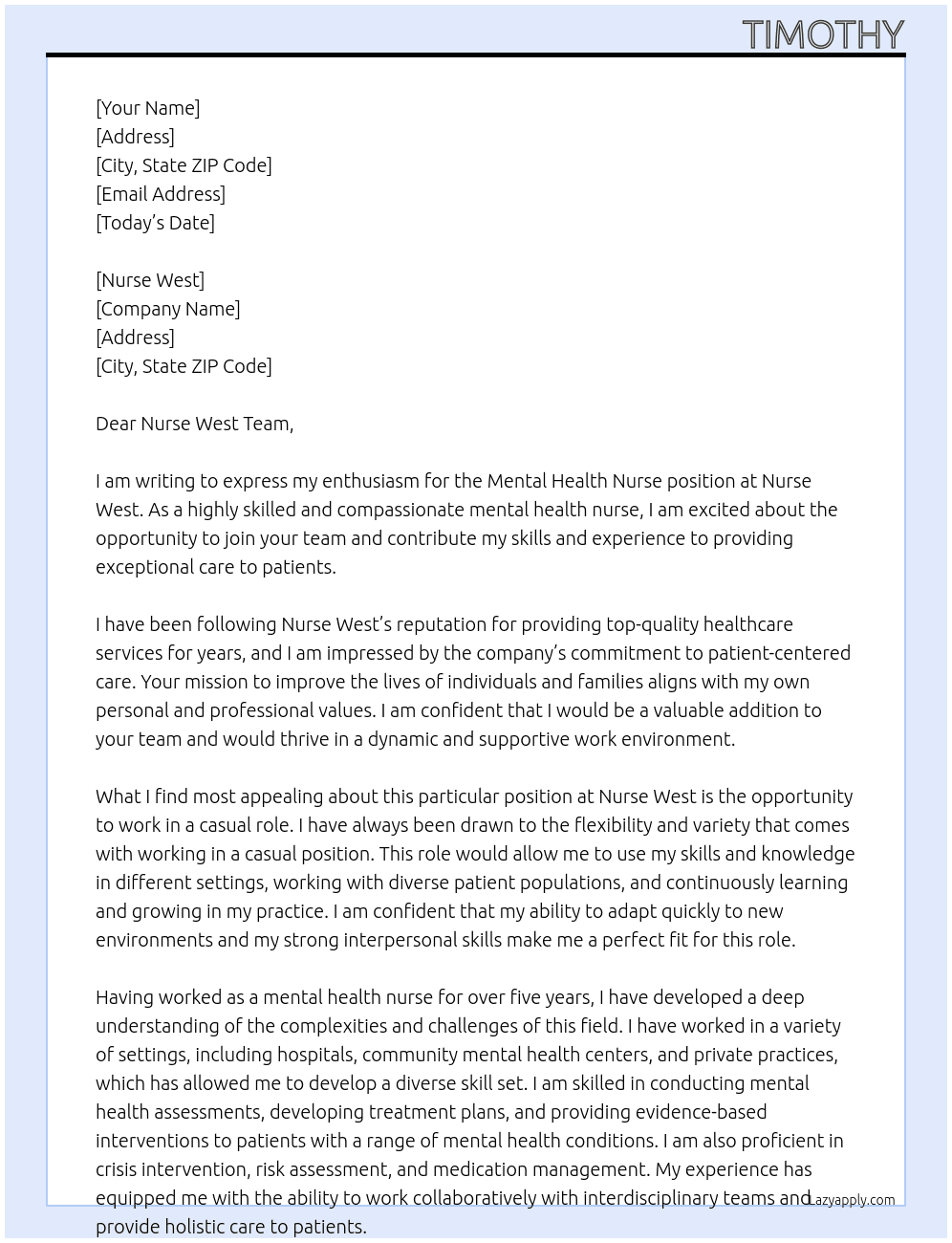 Mental health nurse At Nurse wesr Cover Letter