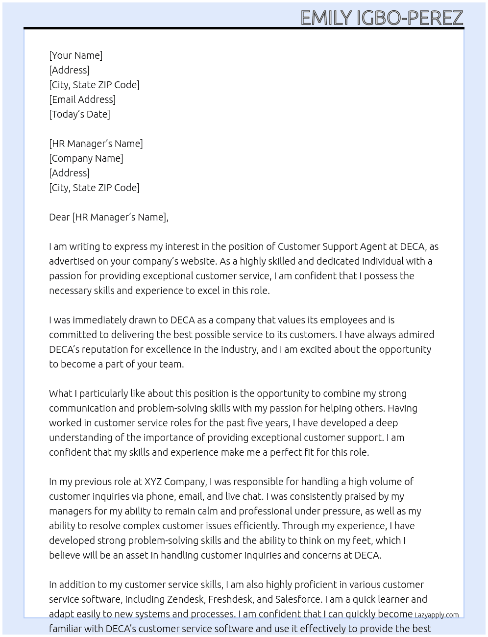 Customer Support Agent  At DECA Cover Letter