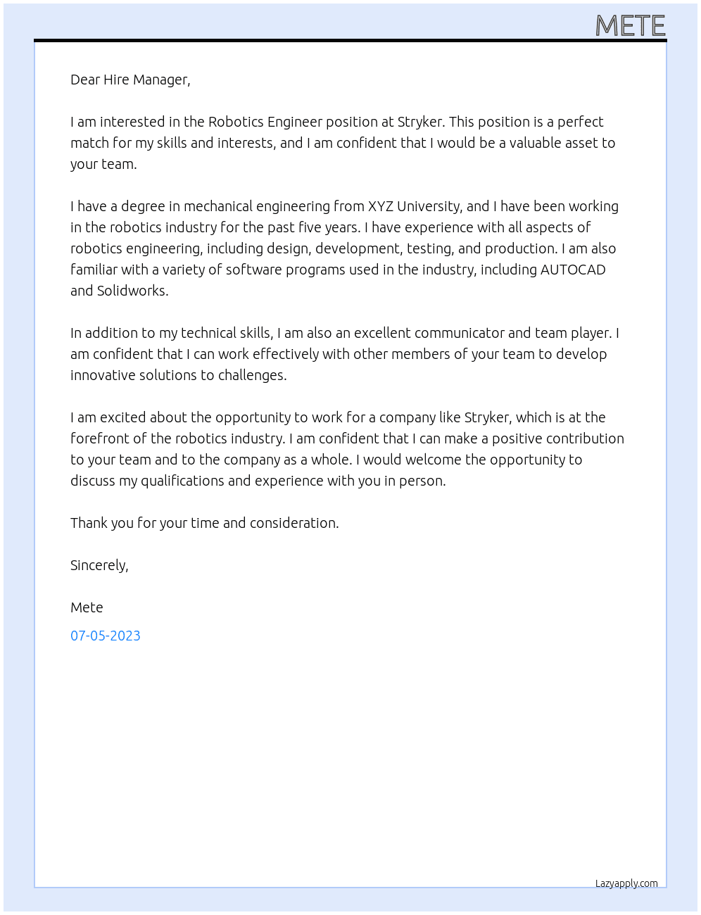 Robotics Engıneer At Stryker Cover Letter