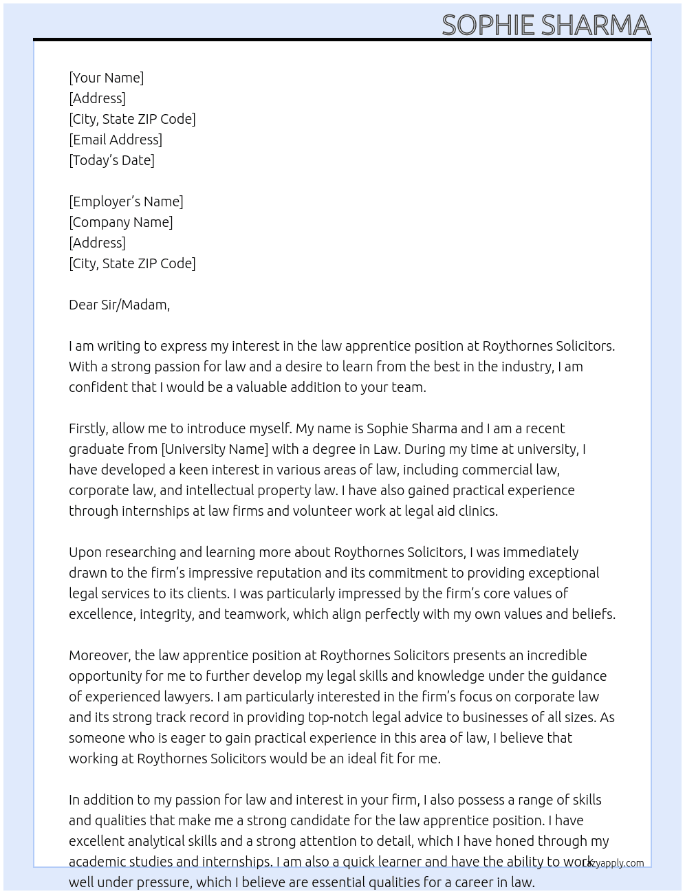 law apprentice At Roythornes Solicitors Cover Letter