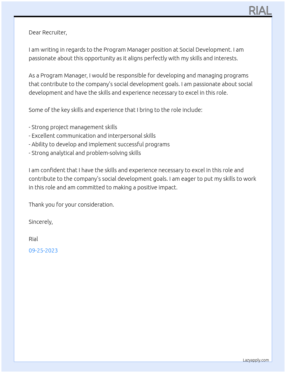 Program Manager At Social Development Cover Letter