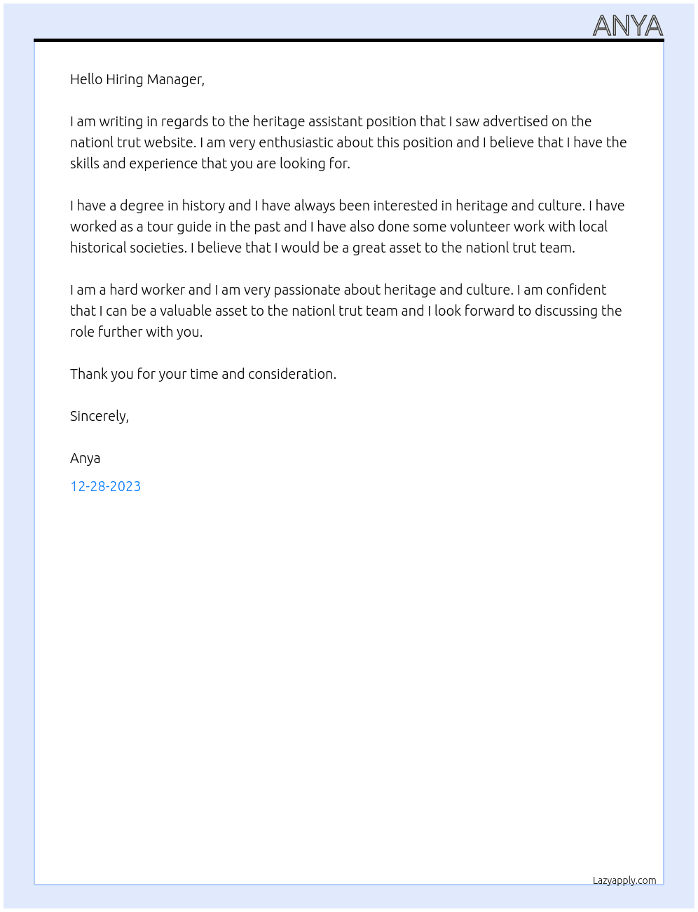 heritage assistant At nationl trut Cover Letter