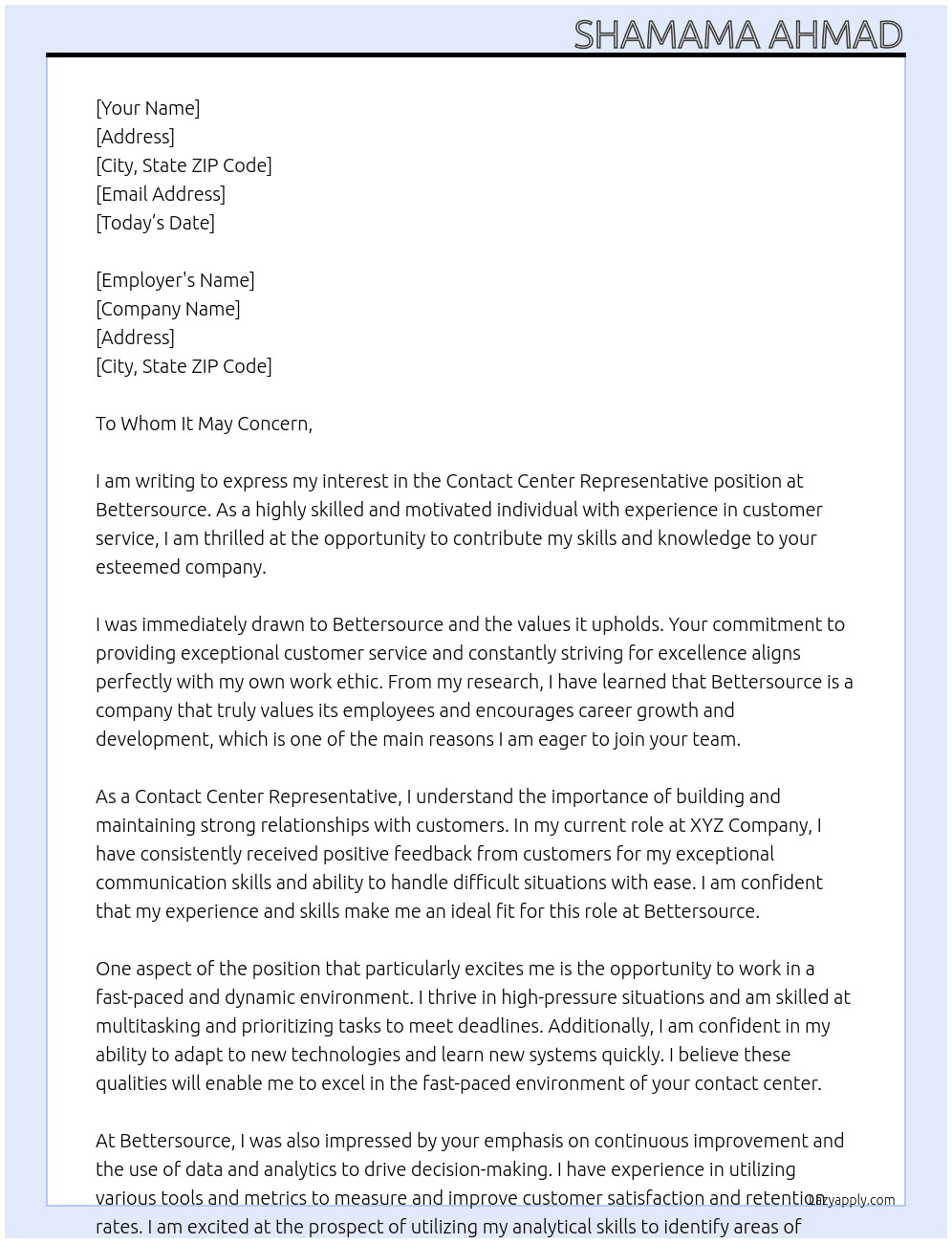 Contact Center Representative At Bettersource Cover Letter