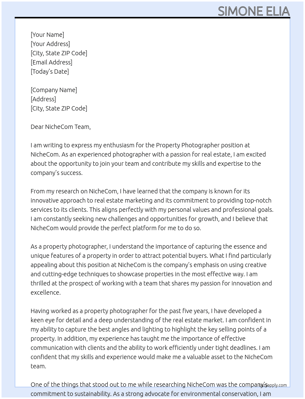 Property photographer At NicheCom Cover Letter