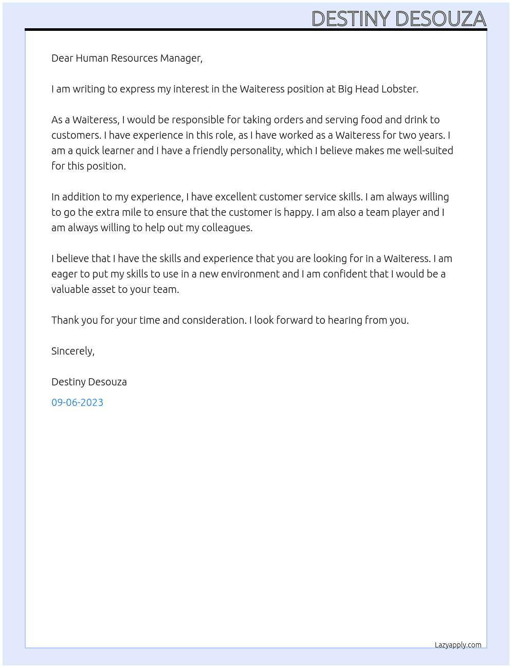 Waiteress At Big Head Lobster Cover Letter