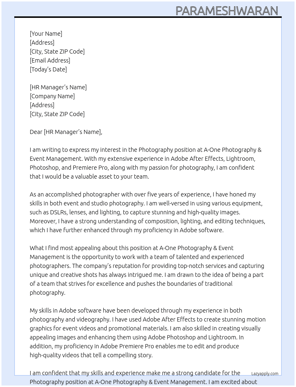 Photography At A-One Photography & Event Management Cover Letter