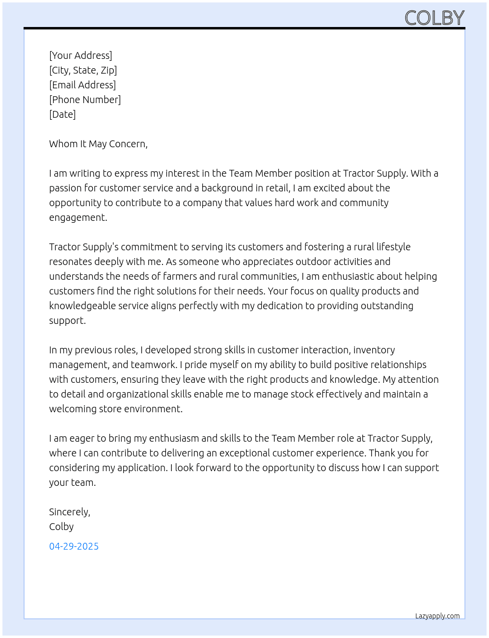 Team Member At Tractor supply Cover Letter