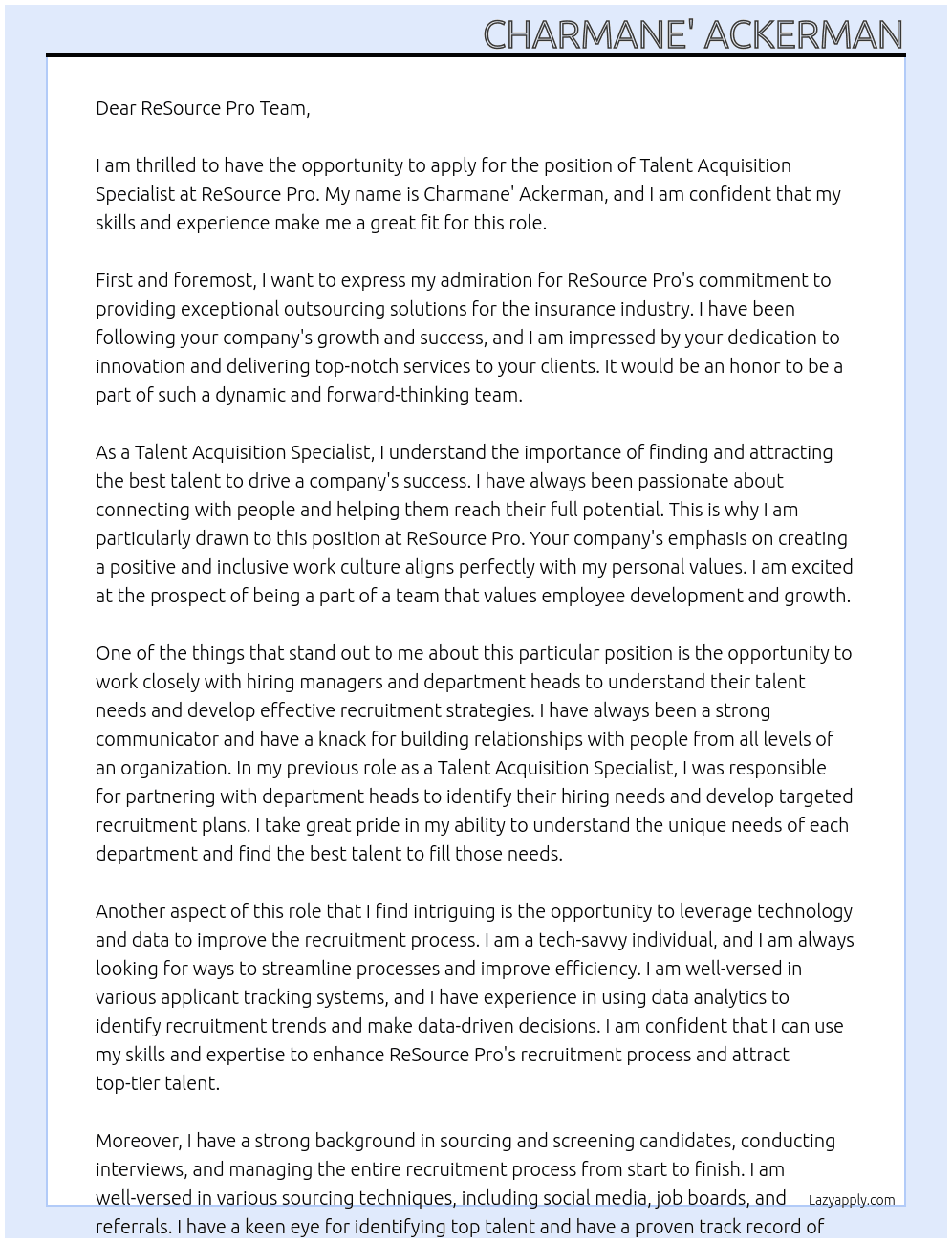 Talent Acquisition Specialist At ReSource Pro Cover Letter