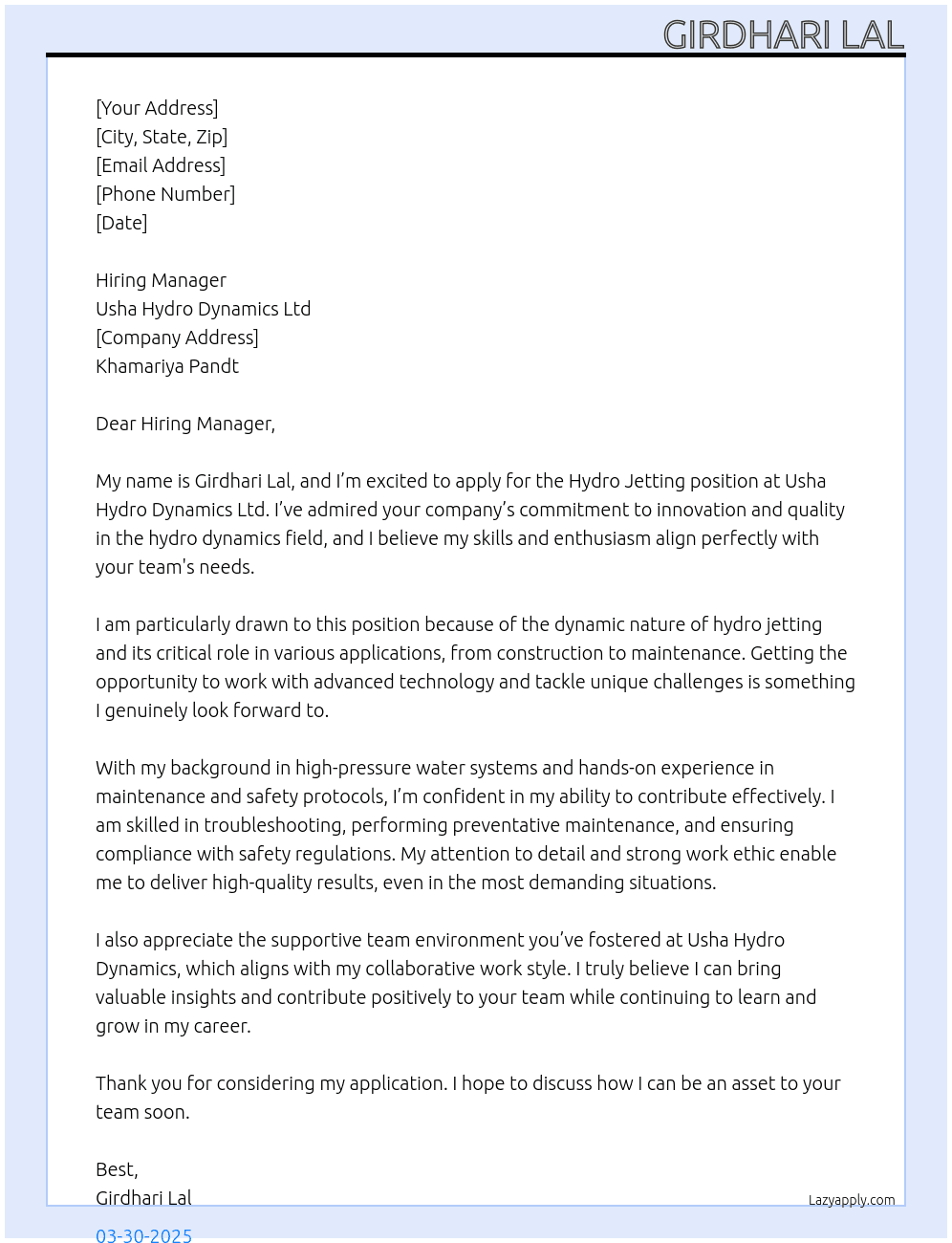 Cover letter for hydro jeting - LazyApply