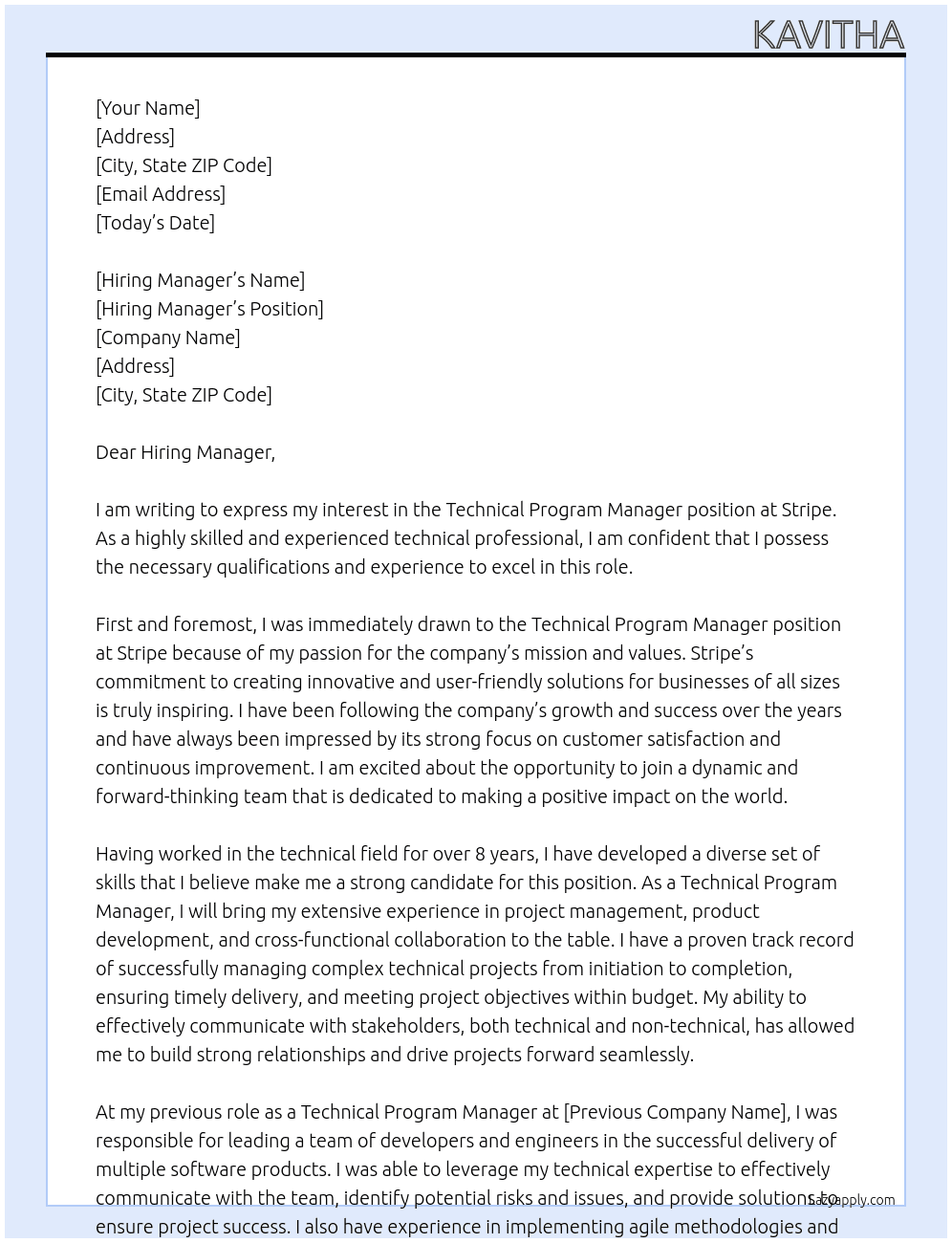 Technical Program Manager At Stripe Cover Letter