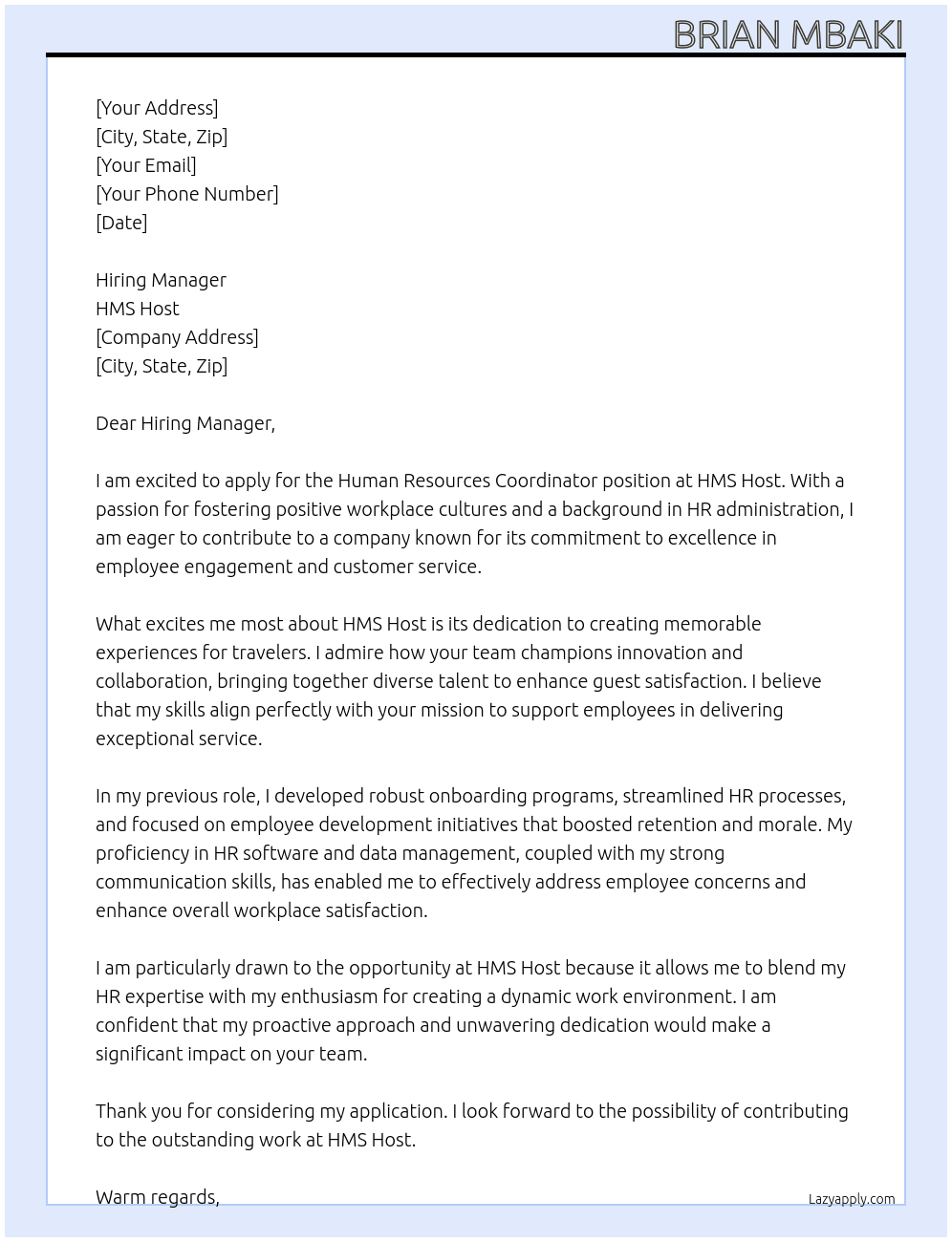 Human Resources Coordinator At HMS Host Cover Letter