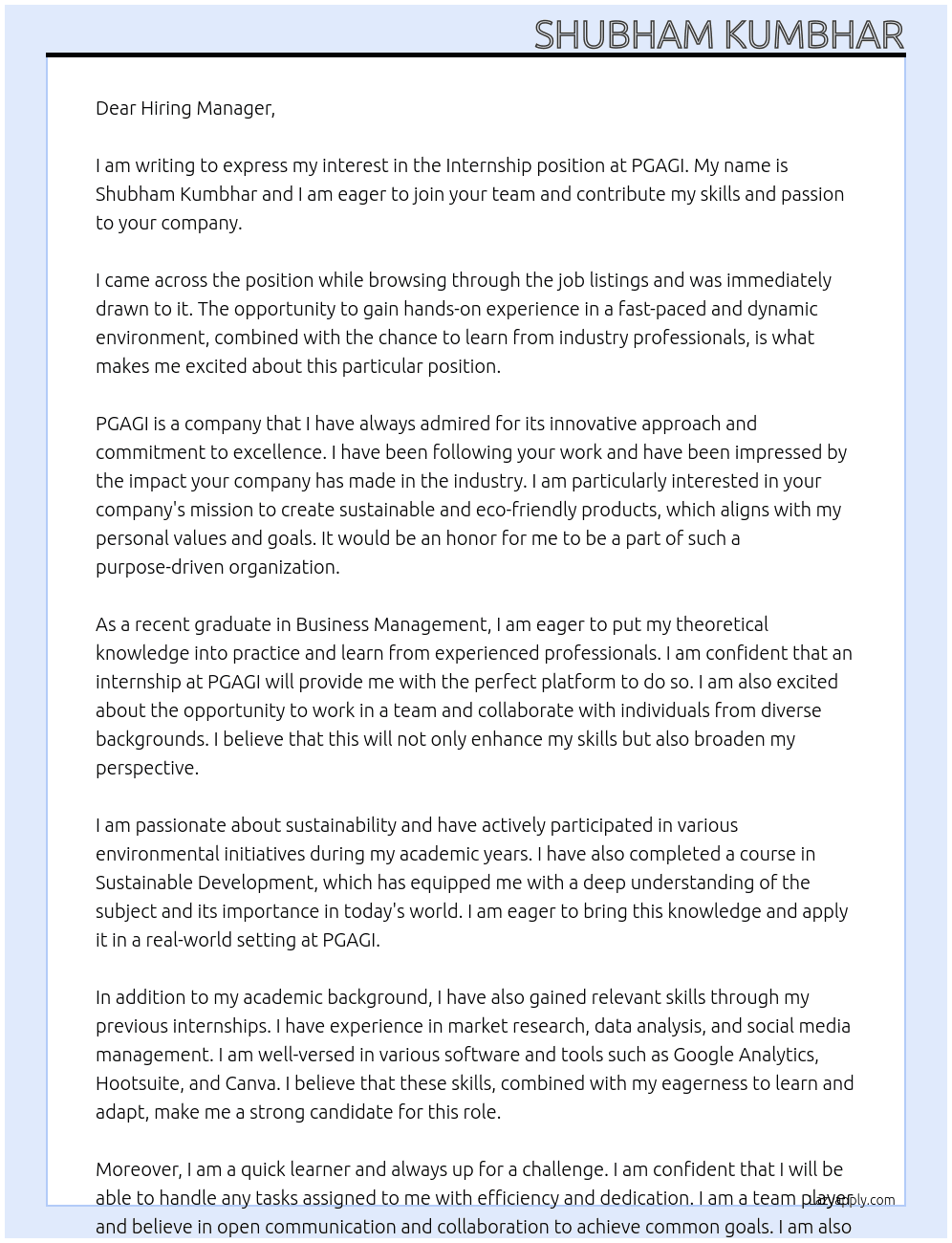 intern At PGAGI Cover Letter