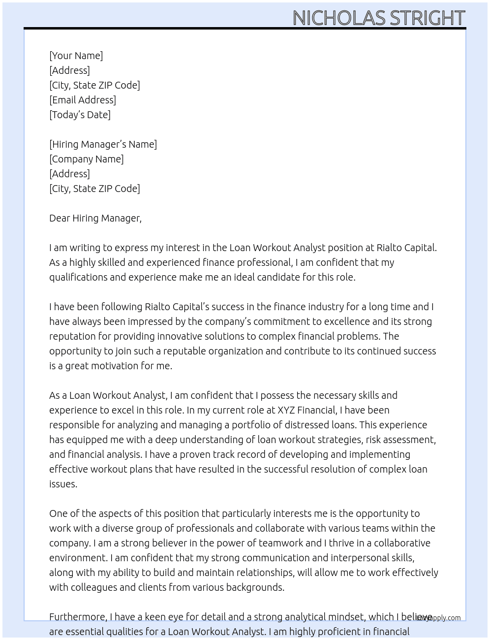 Loan Workout Analyst At Rialto Capital  Cover Letter