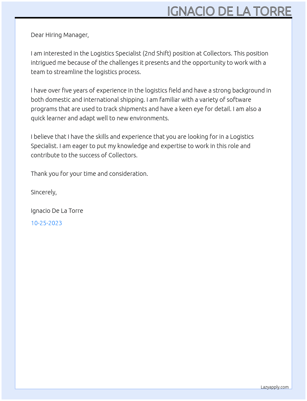 Logistics Specialist (2nd Shift) At Collectors Cover Letter