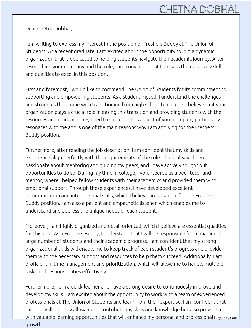 Freshers Buddy At The Union of Students Cover Letter