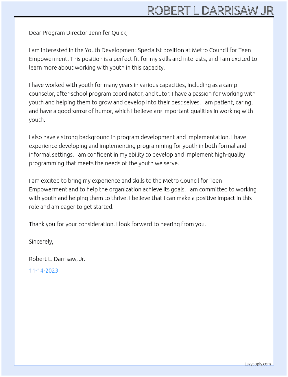 Youth Development Specialist At Metro Council for Teen Empowerment  Cover Letter