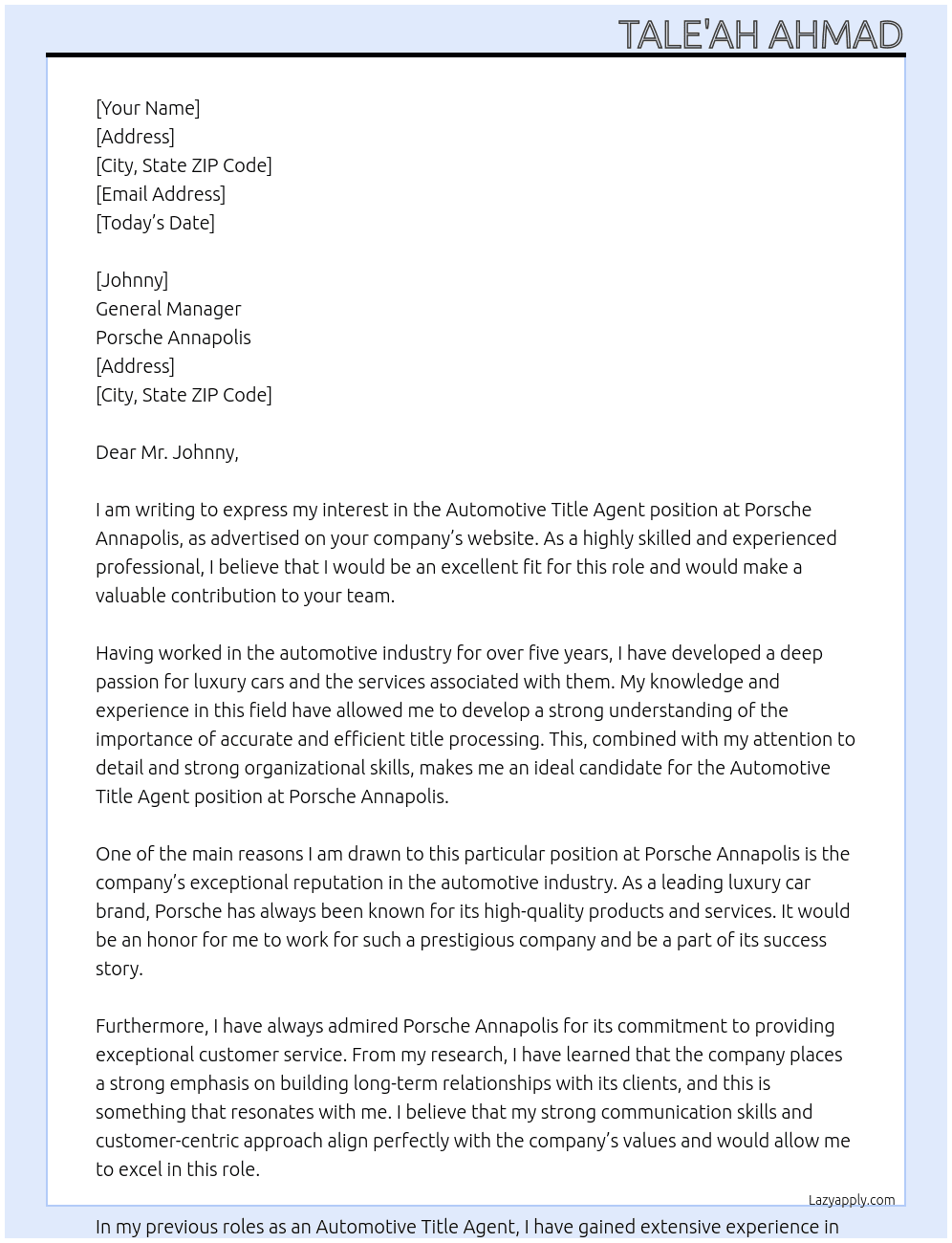 Automotive Title Agent At Porsche Annapolis Cover Letter