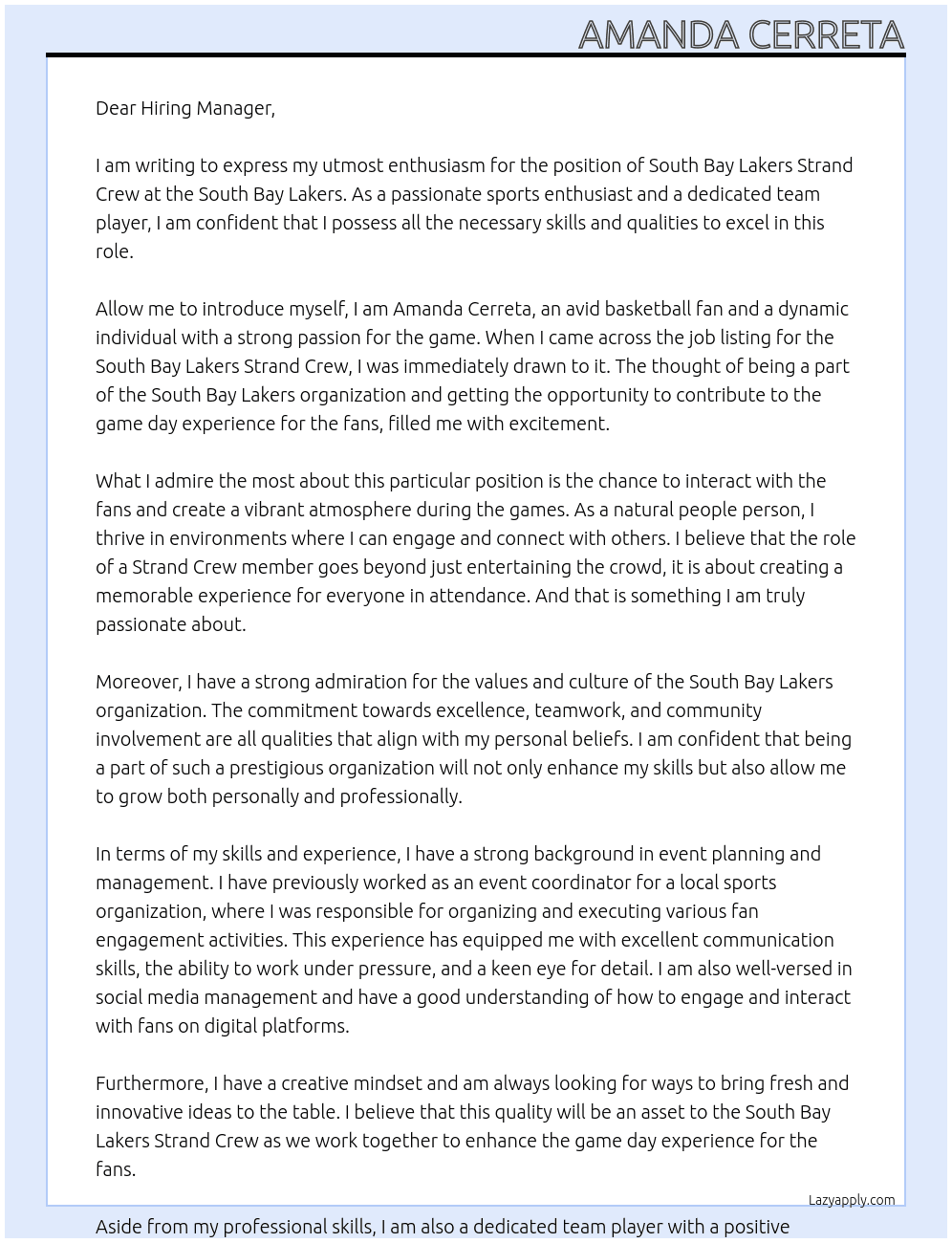 South Bay Lakers Strand Crew At South Bay Lakers Cover Letter