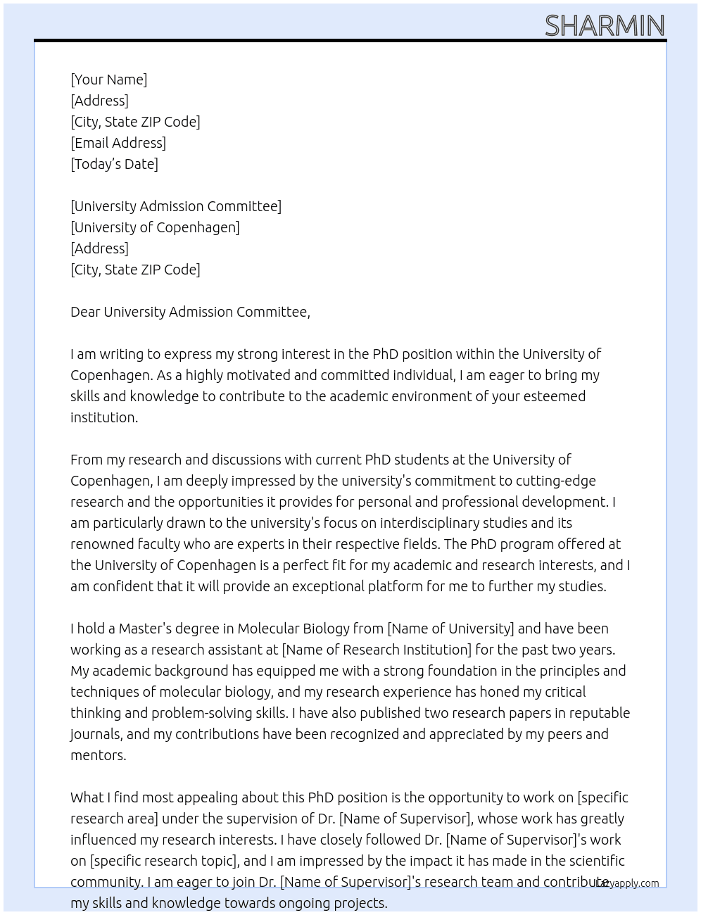 phd  At University of copenhegen Cover Letter